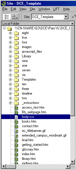 screen shot while in Dreamweaver; shows the location of the CSS style sheet file.