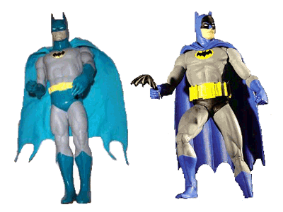 Batman action figures depicting different body types. Again, the evolution of this action figure is to become larger in terms of muscularity.
