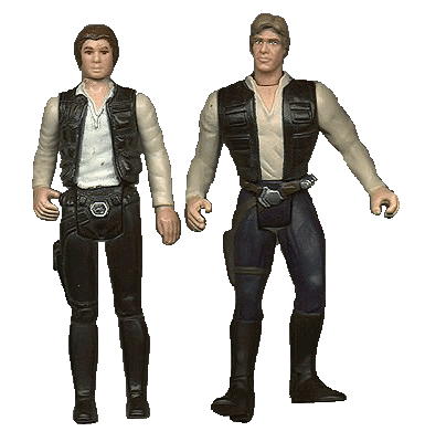 Hans Solo action figure from 1978 and Hans from 1998. Notice the increased muscularity in the recent version of Hans.