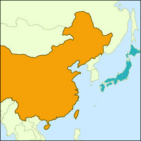 map with China and Japan