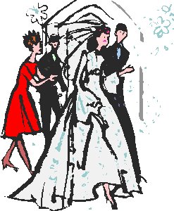 Illustration of a bride and groom walking down aisle.