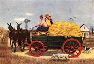 Illustration of farmers hauling the harvest to the barn.