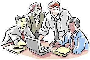 Illustration of 4 workers at a meeting around a computer.
